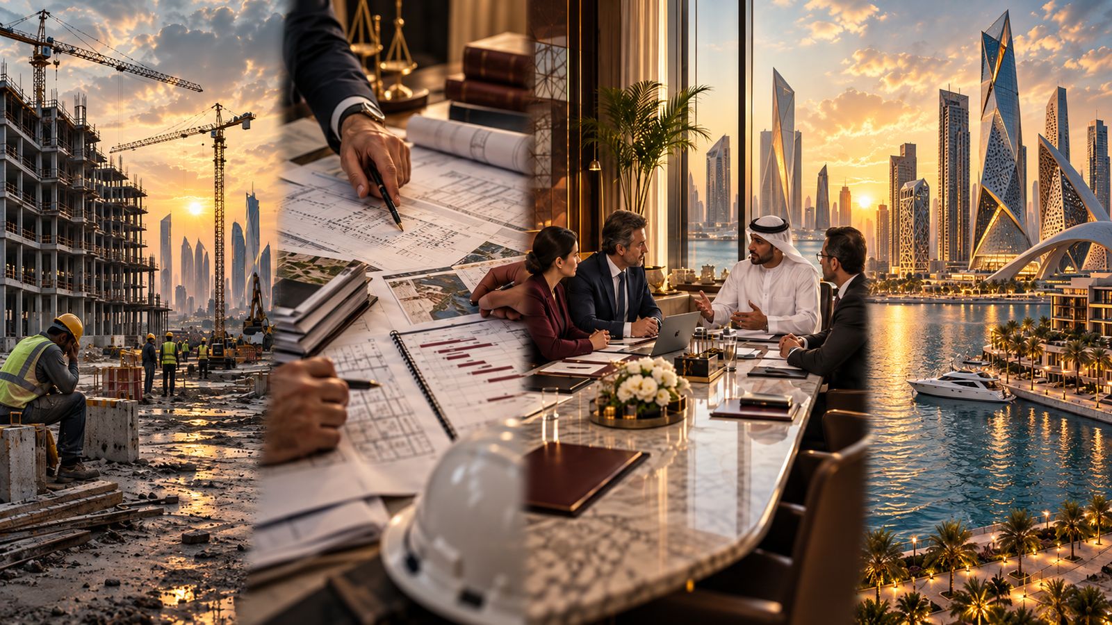 Distressed construction site, contract and programme review, and a negotiated settlement against the Abu Dhabi skyline